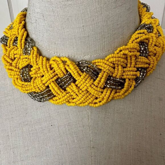 Yellow and silver tone seed beaded statement necklace - Picture 1 of 6